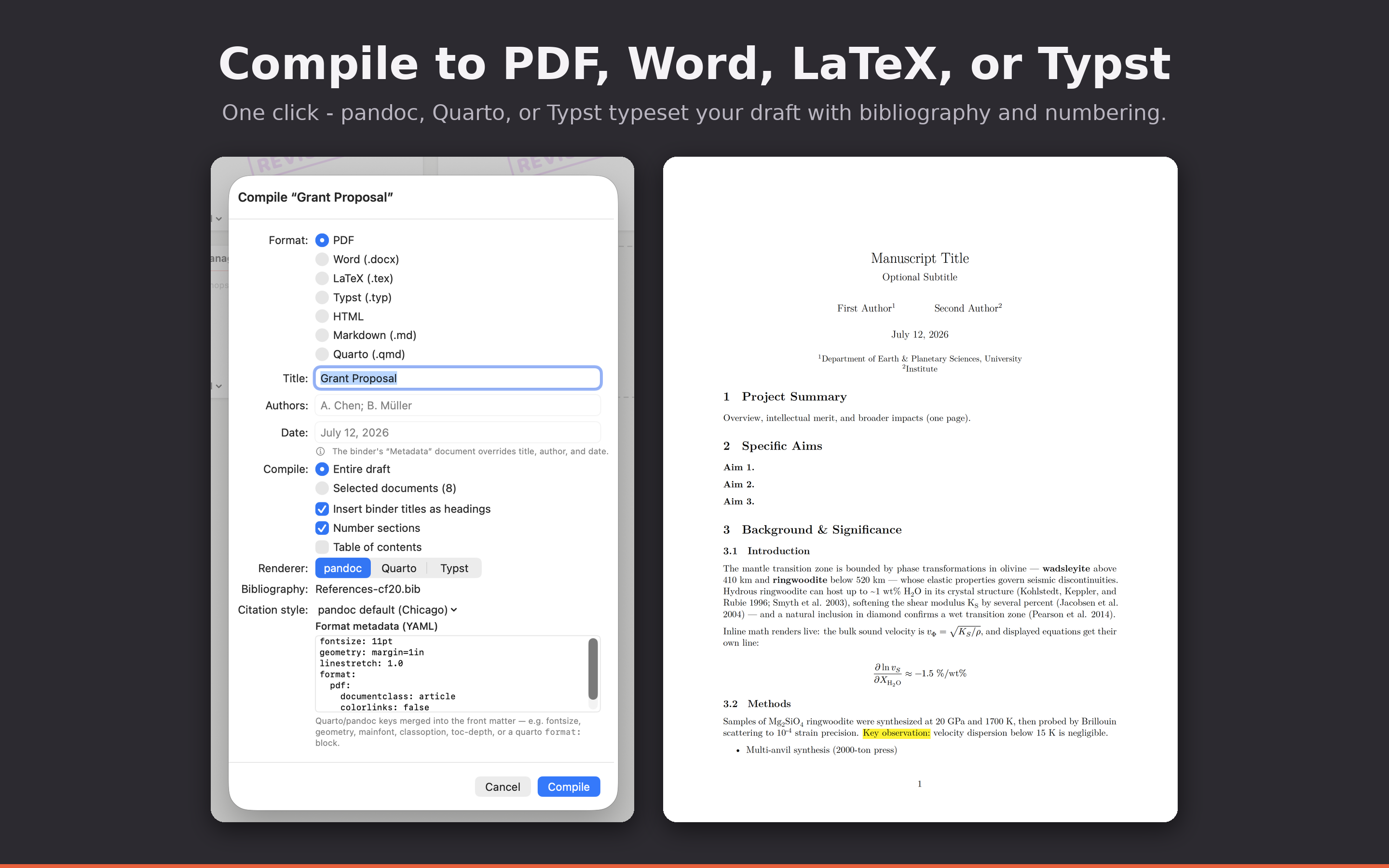 The compile panel exporting to PDF, Word, LaTeX, and Typst