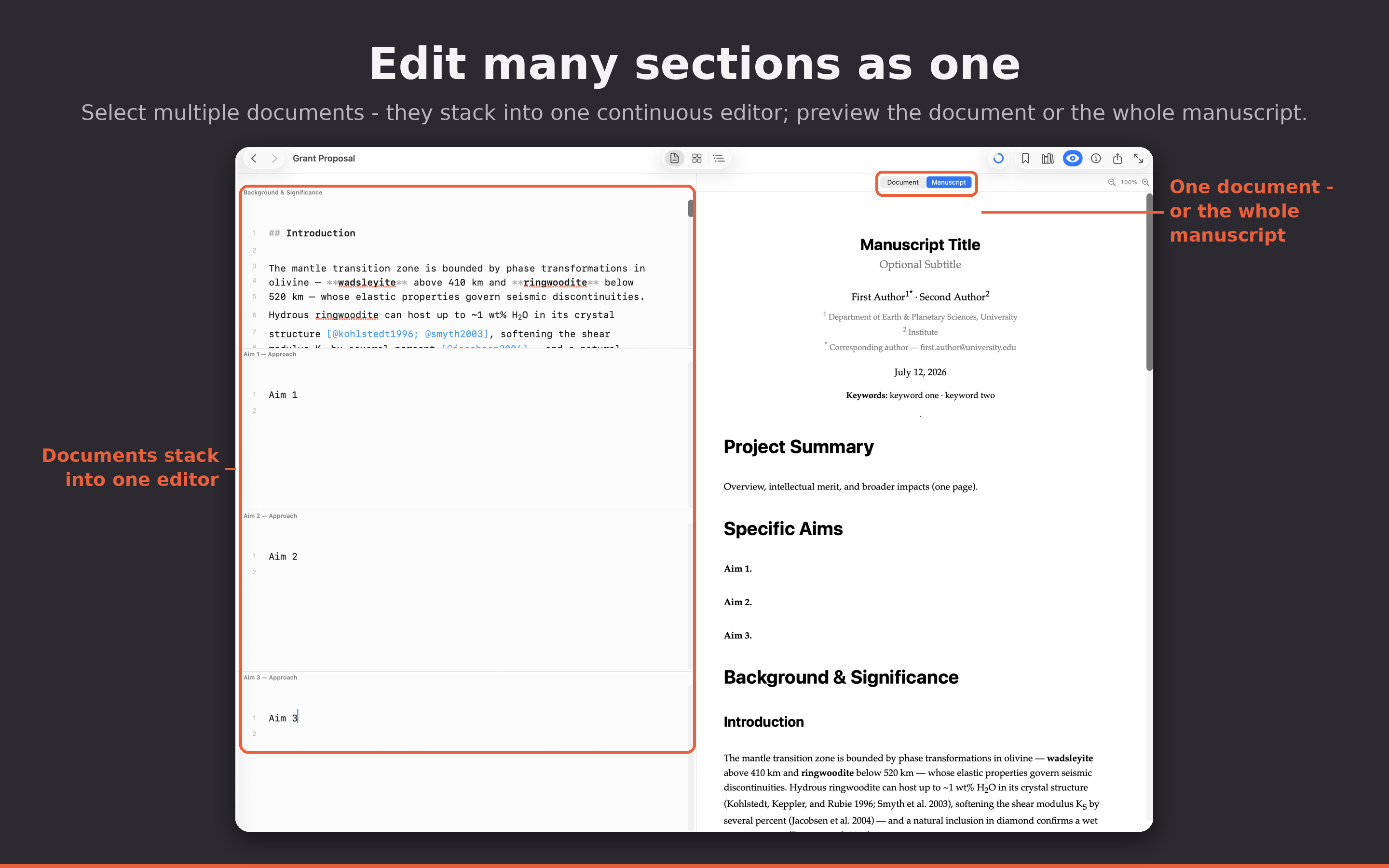 A full manuscript in the composition view